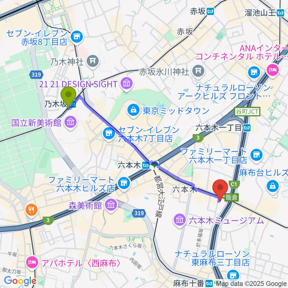 乃木坂駅からエンドレスエコーへのルートマップ地図