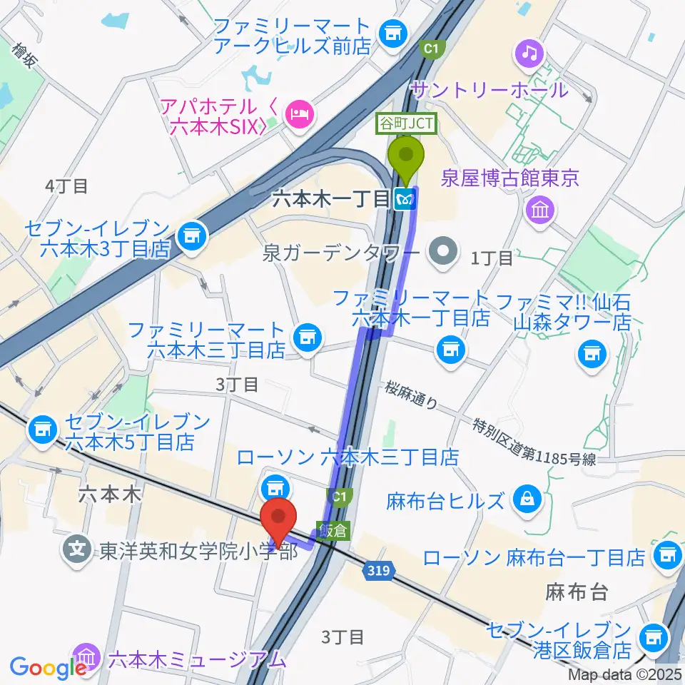エンドレスエコーの最寄駅六本木一丁目駅からの徒歩ルート（約9分）地図