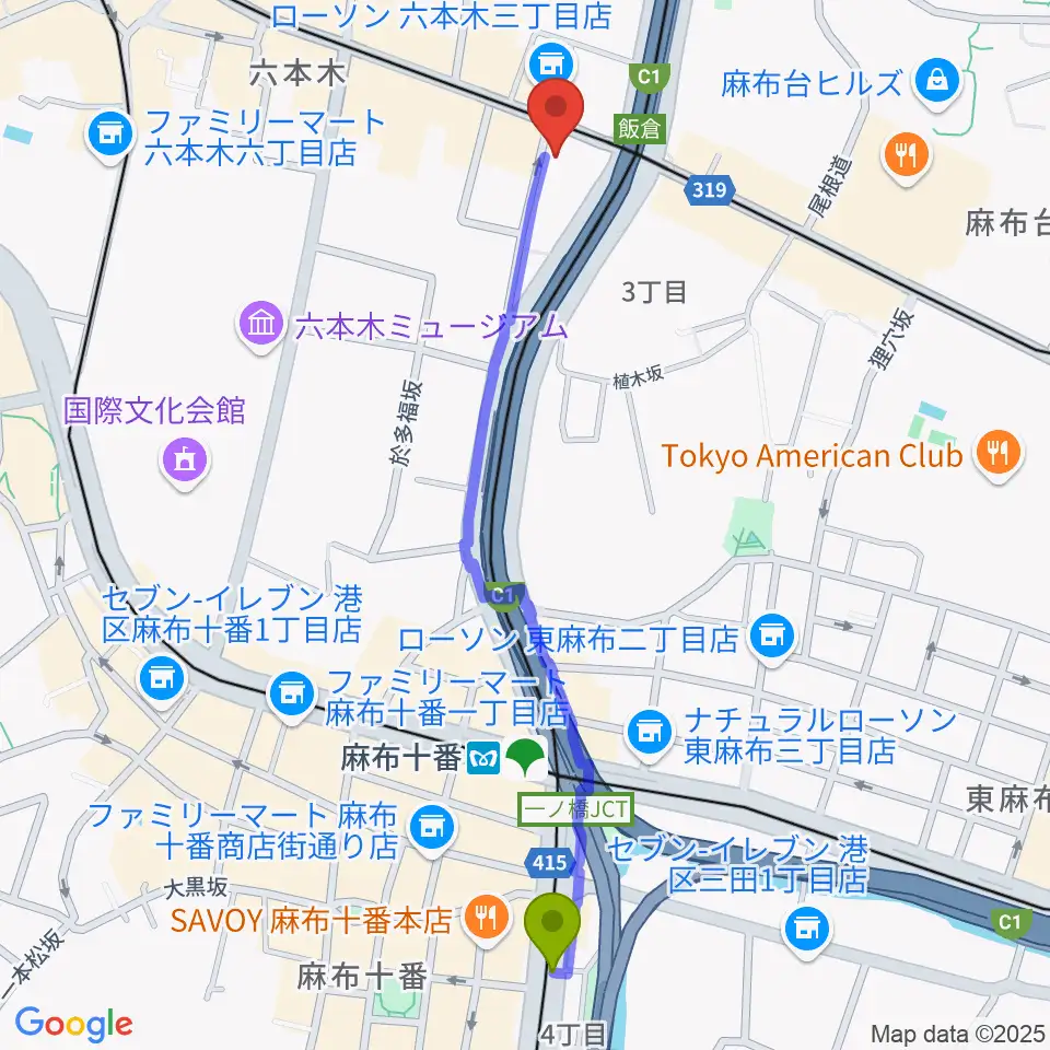 麻布十番駅からエンドレスエコーへのルートマップ地図