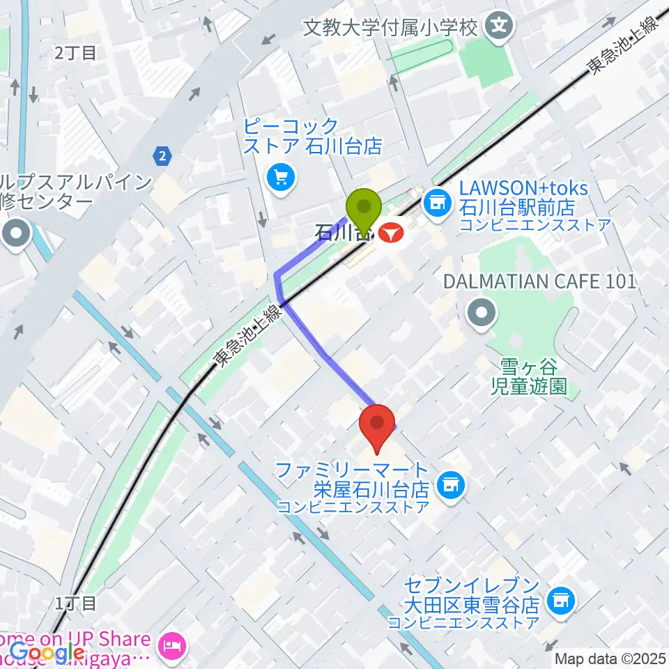 ファクションミュージックの最寄駅石川台駅からの徒歩ルート（約2分）地図
