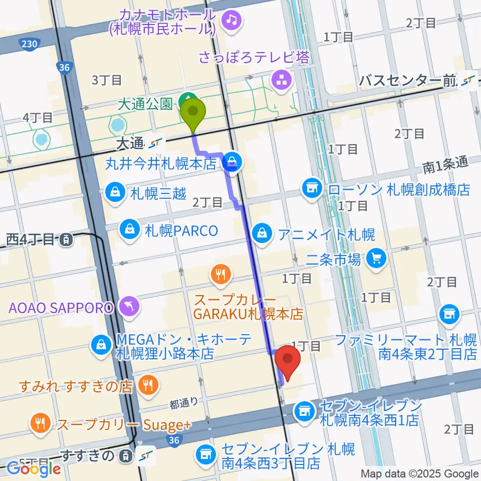 大通駅からパワースレイブスタジオへのルートマップ地図