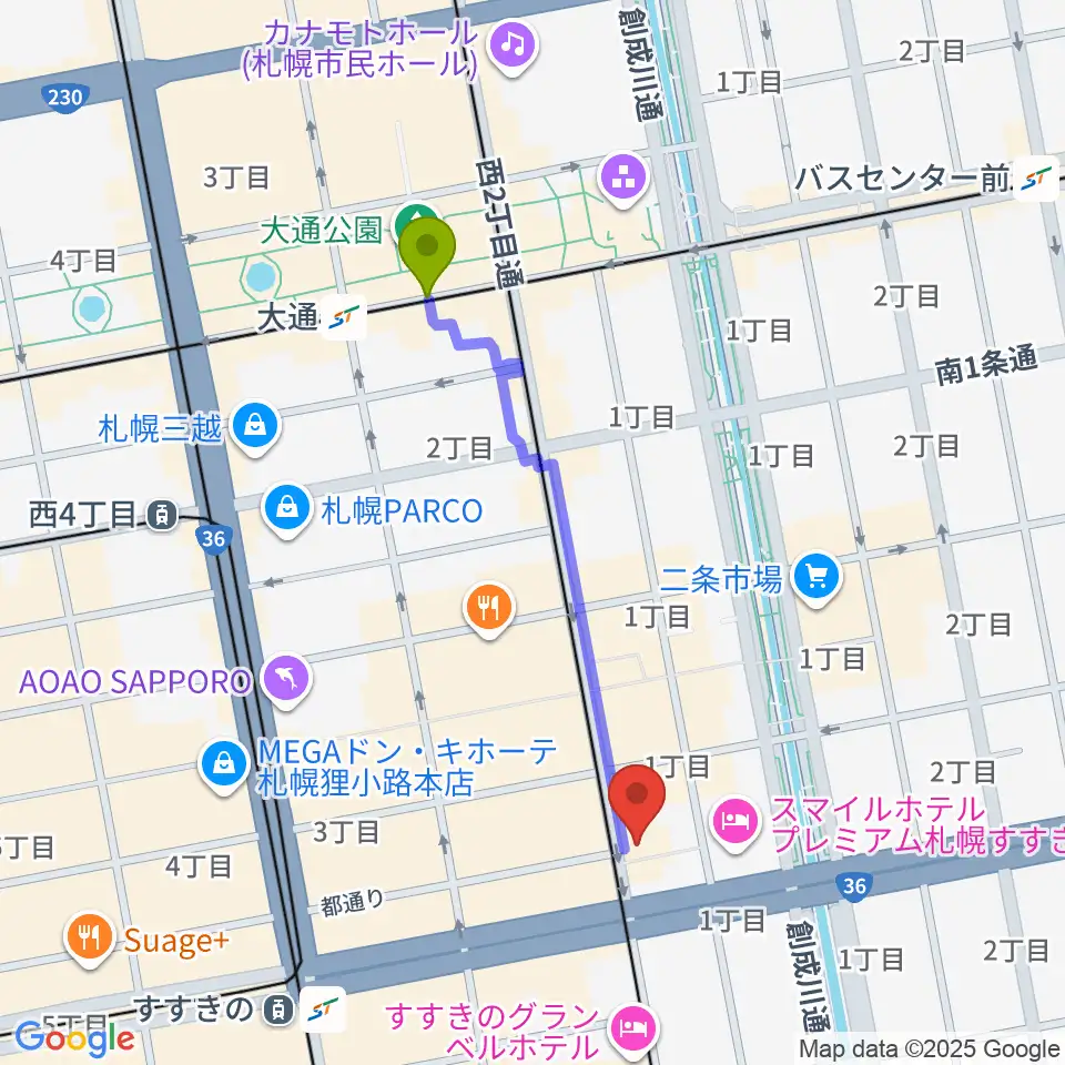 大通駅からパワースレイブスタジオへのルートマップ地図