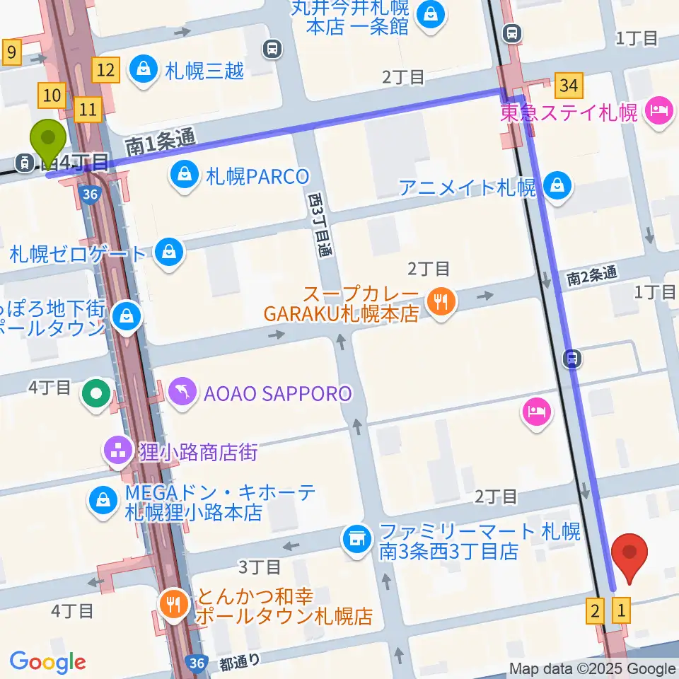 西４丁目駅からパワースレイブスタジオへのルートマップ地図