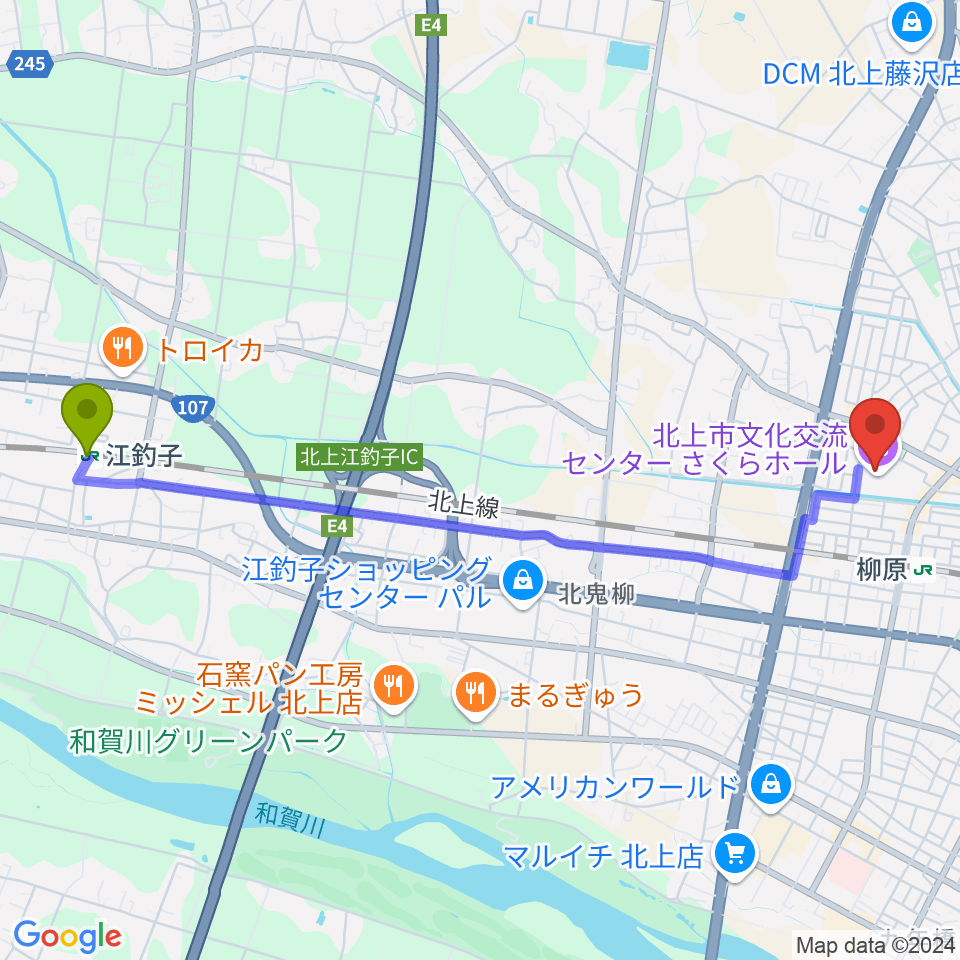 江釣子駅からさくらホール アートファクトリーへのルートマップ地図