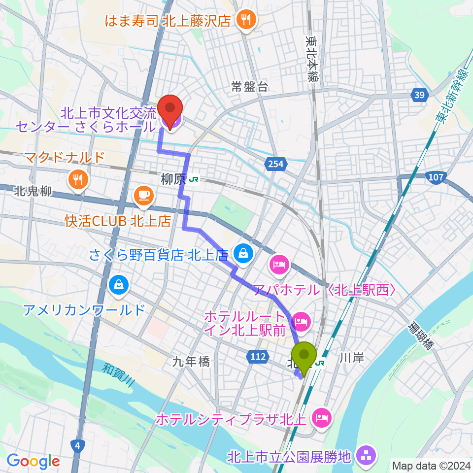 北上駅からさくらホール アートファクトリーへのルートマップ地図