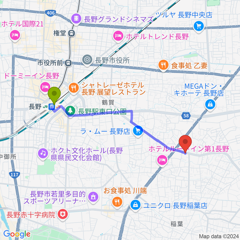 サンピアン長野店の最寄駅長野駅からの徒歩ルート（約36分）地図