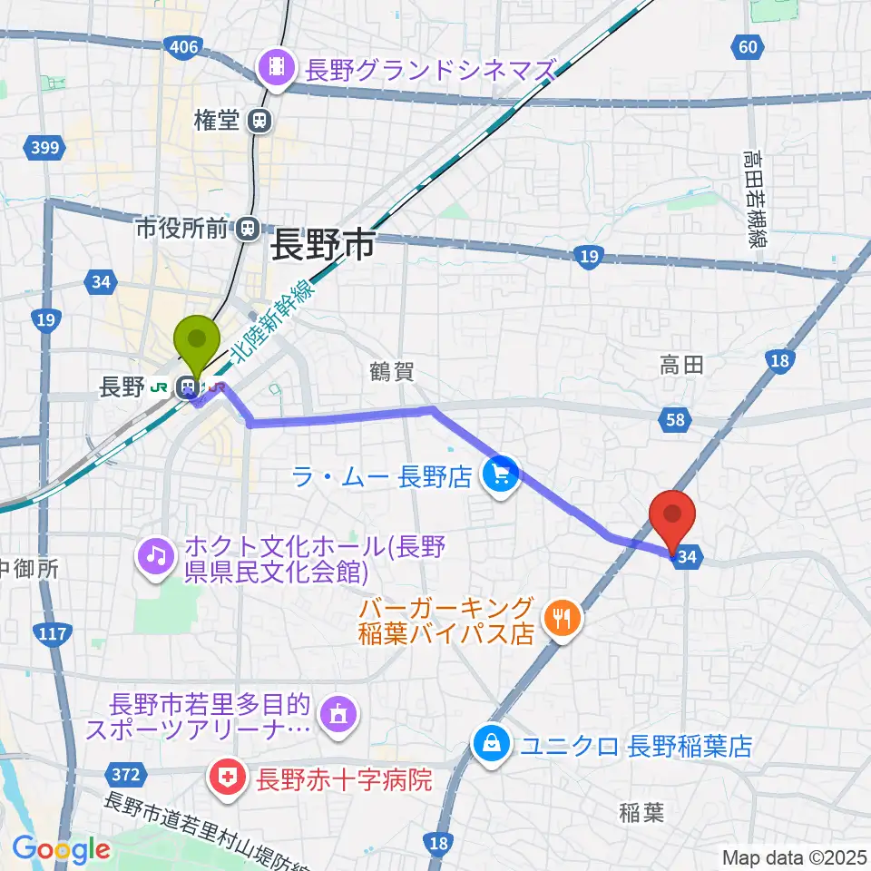 サンピアン長野店の最寄駅長野駅からの徒歩ルート（約36分）地図