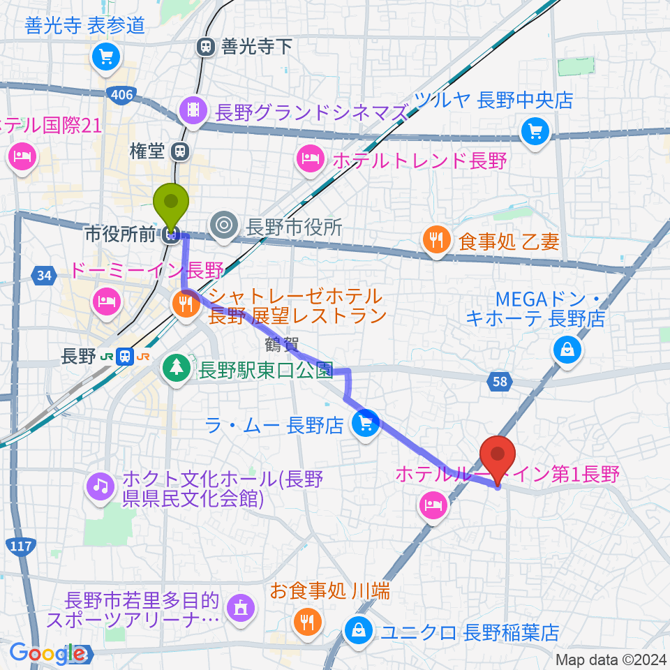 市役所前駅からサンピアン長野店へのルートマップ地図