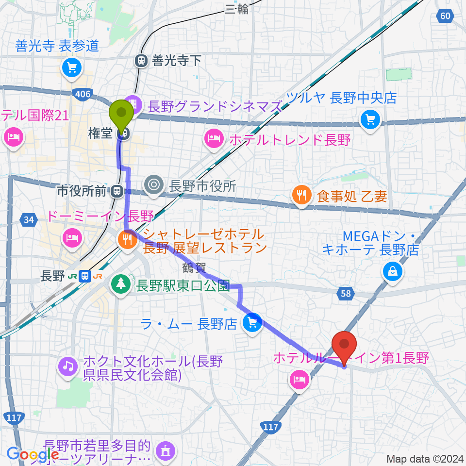 権堂駅からサンピアン長野店へのルートマップ地図