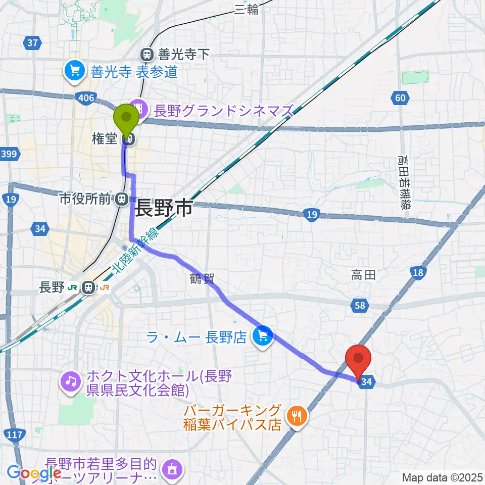 権堂駅からサンピアン長野店へのルートマップ地図