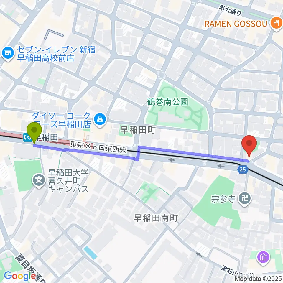 ヨシオ弦楽器の最寄駅早稲田駅からの徒歩ルート（約6分）地図