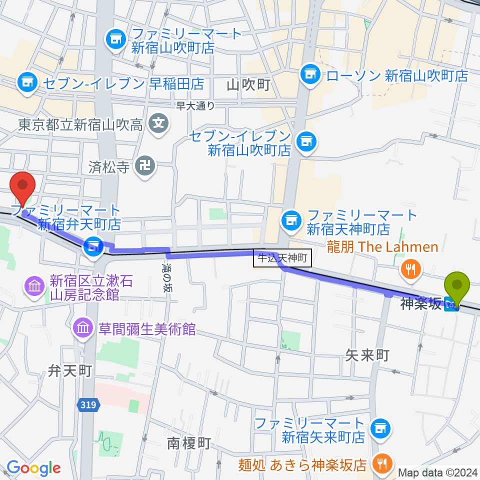 神楽坂駅からヨシオ弦楽器へのルートマップ地図