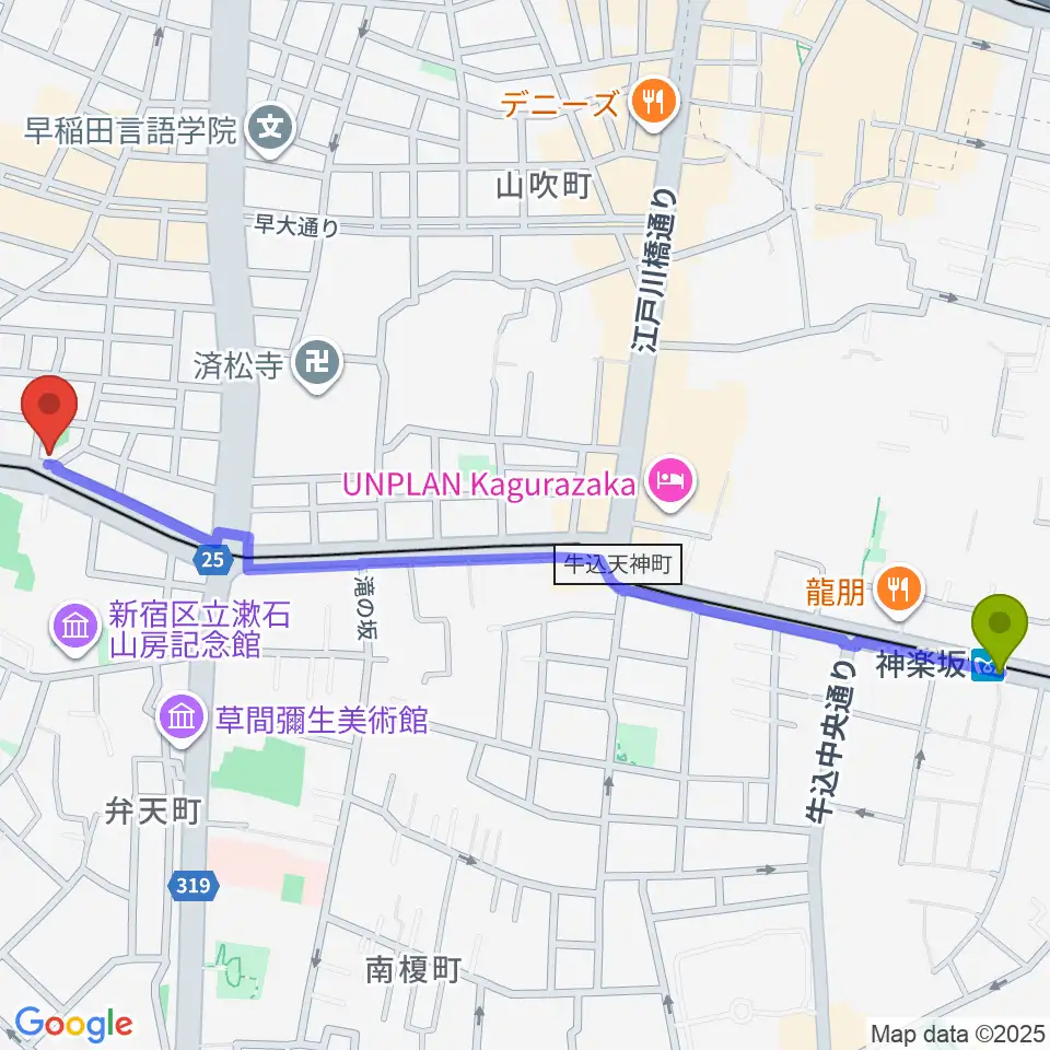 神楽坂駅からヨシオ弦楽器へのルートマップ地図