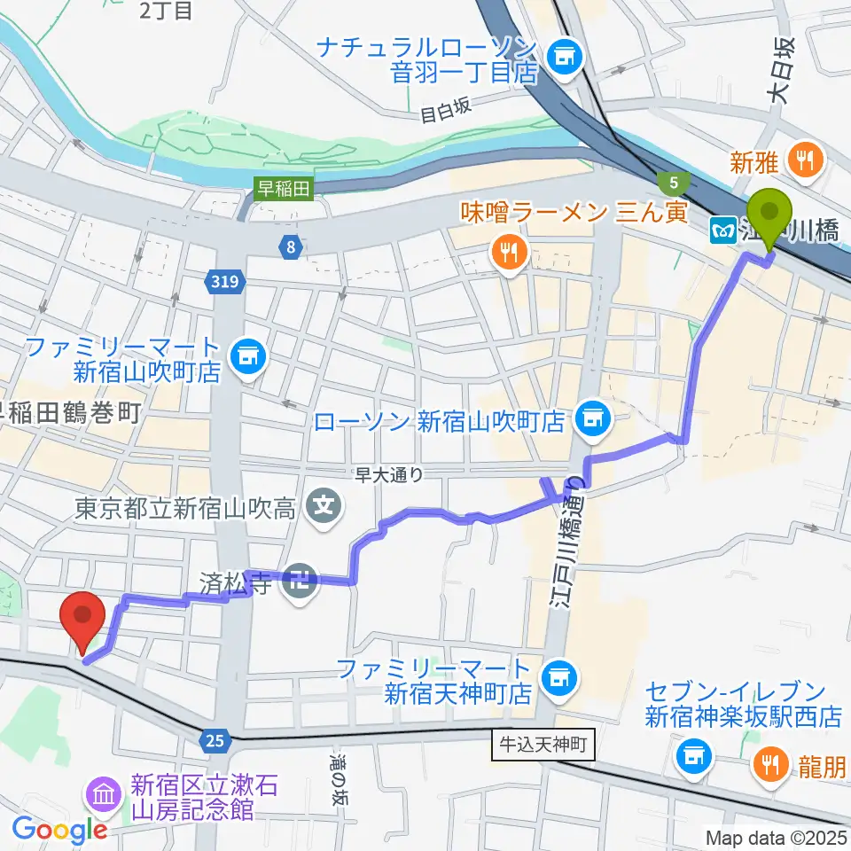 江戸川橋駅からヨシオ弦楽器へのルートマップ地図
