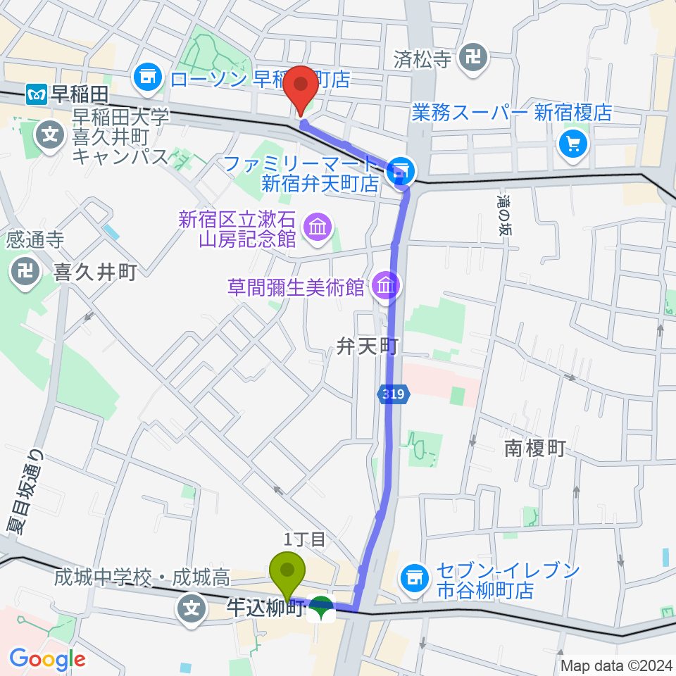 牛込柳町駅からヨシオ弦楽器へのルートマップ地図