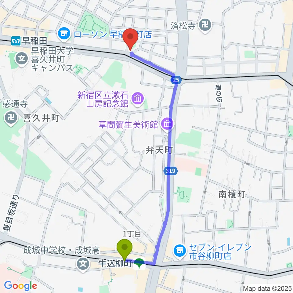 牛込柳町駅からヨシオ弦楽器へのルートマップ地図