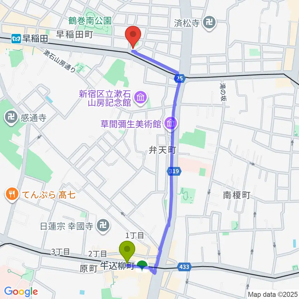 牛込柳町駅からヨシオ弦楽器へのルートマップ地図