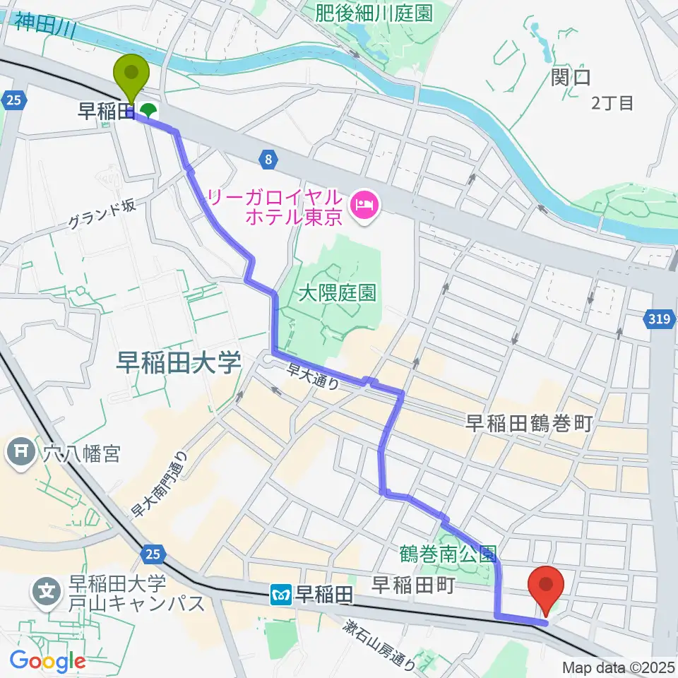 早稲田駅からヨシオ弦楽器へのルートマップ地図