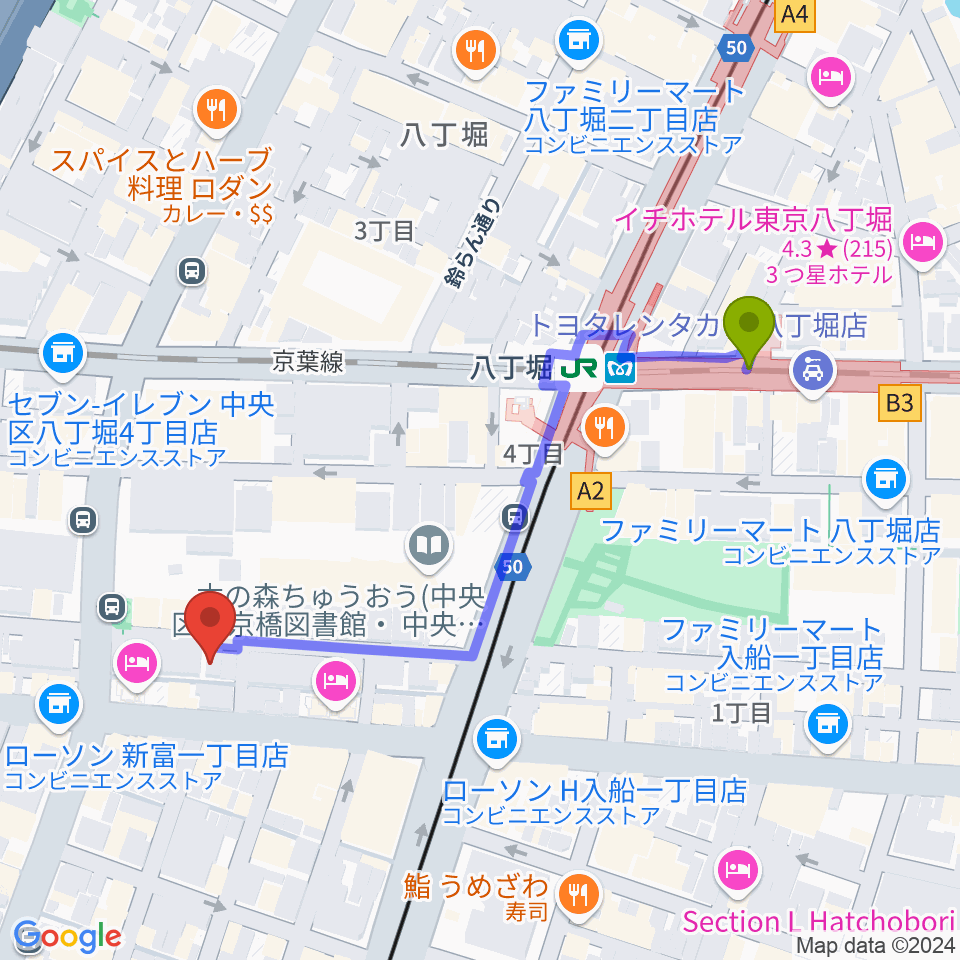 バイオリンアートの最寄駅八丁堀駅からの徒歩ルート（約5分）地図