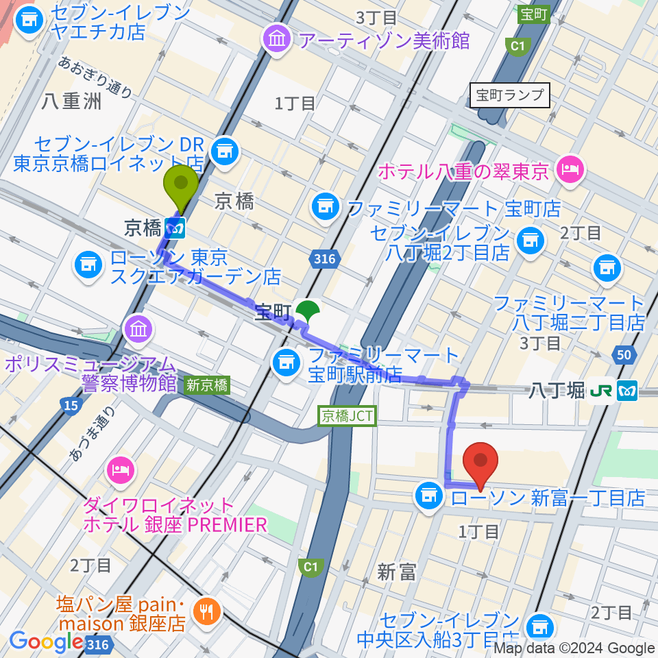 京橋駅からバイオリンアートへのルートマップ地図