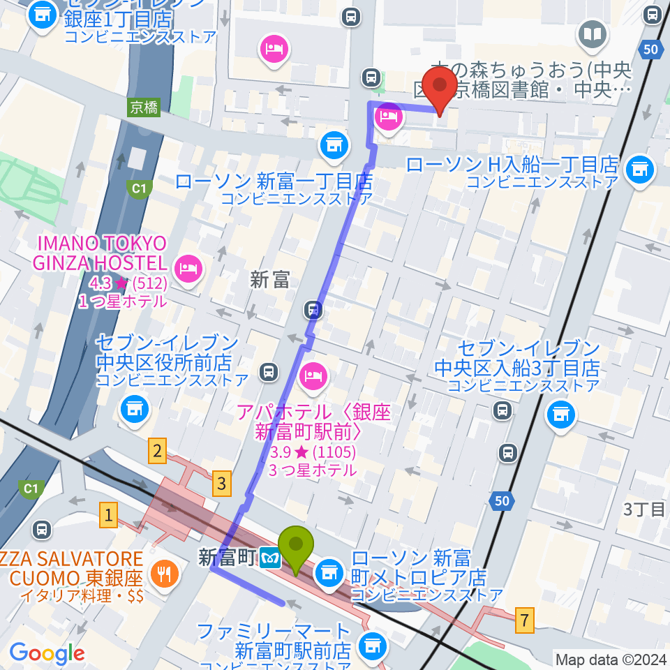 新富町駅からバイオリンアートへのルートマップ地図