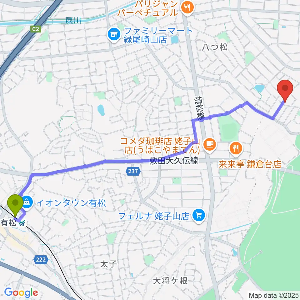 有松駅からテネラメンテへのルートマップ地図