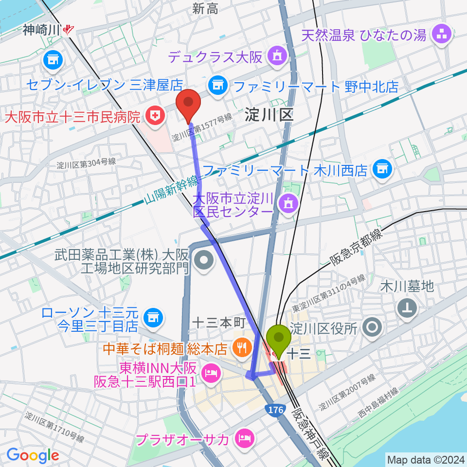 十三駅から玉田ピアノ本店ショールームへのルートマップ地図