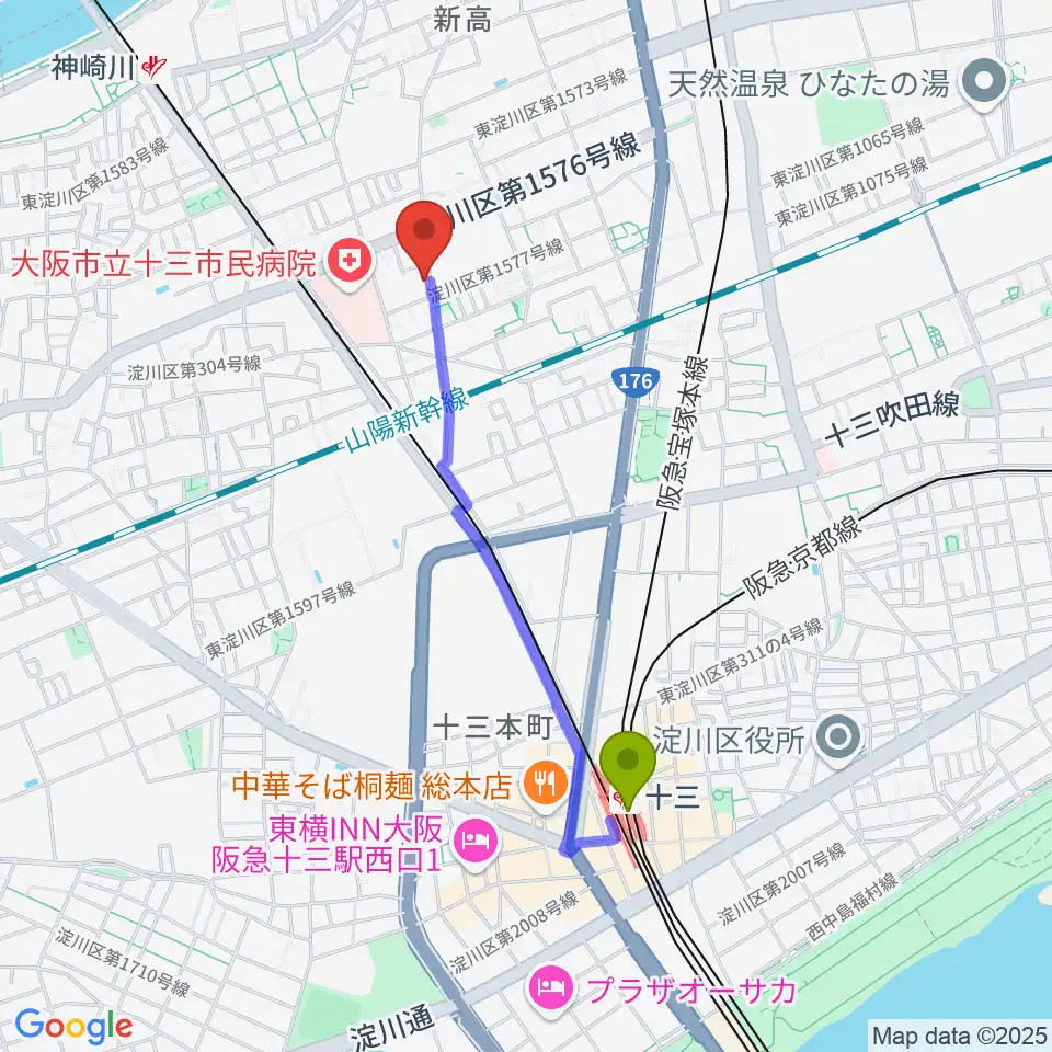 十三駅から玉田ピアノ本店ショールームへのルートマップ地図