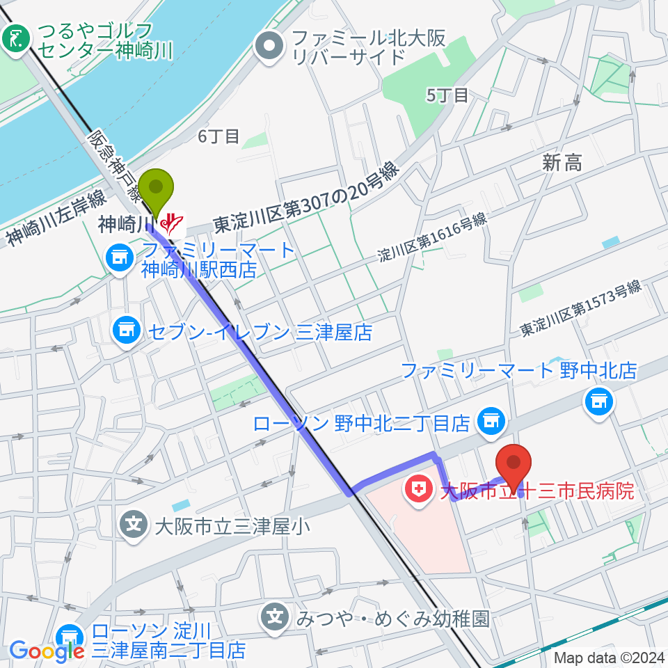 玉田ピアノ本店ショールームの最寄駅神崎川駅からの徒歩ルート（約11分）地図