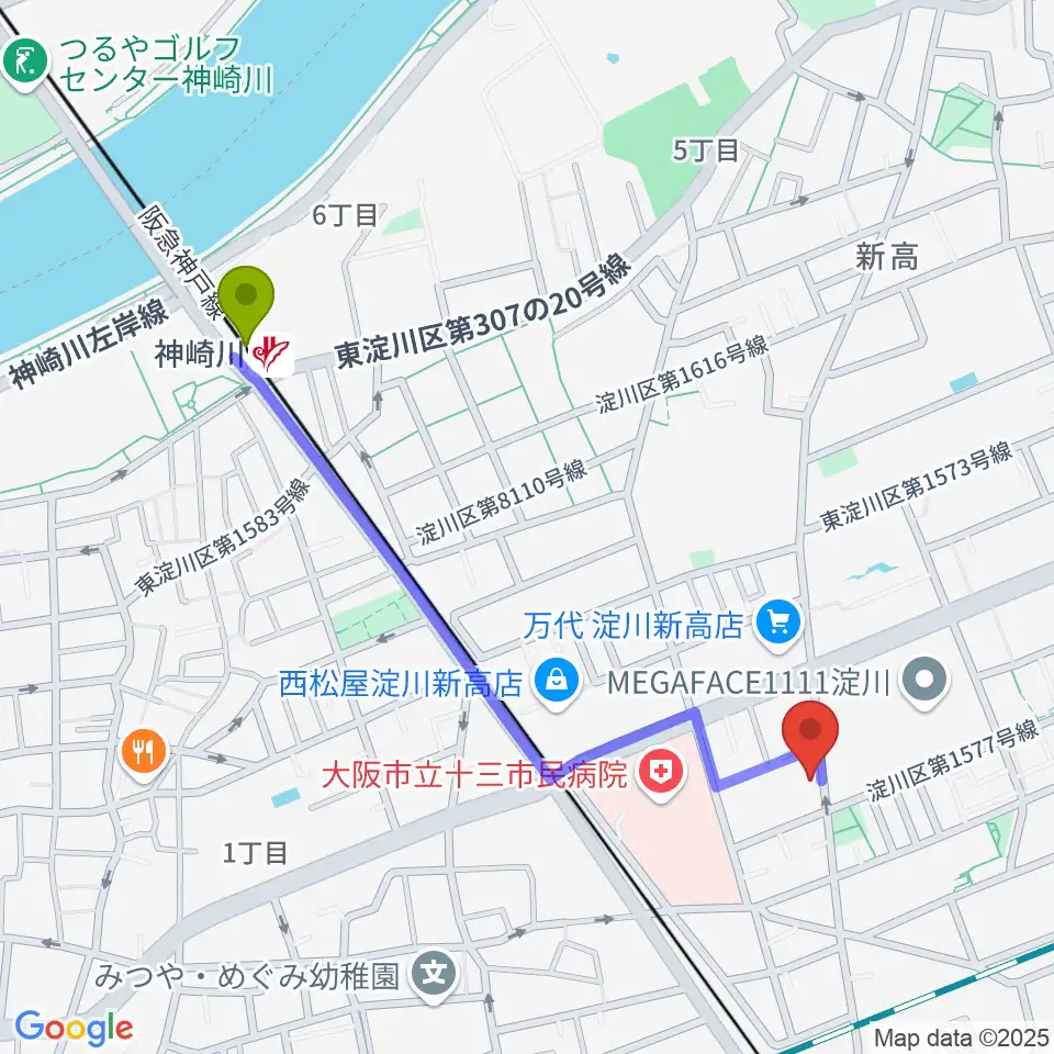 玉田ピアノ本店ショールームの最寄駅神崎川駅からの徒歩ルート（約11分）地図
