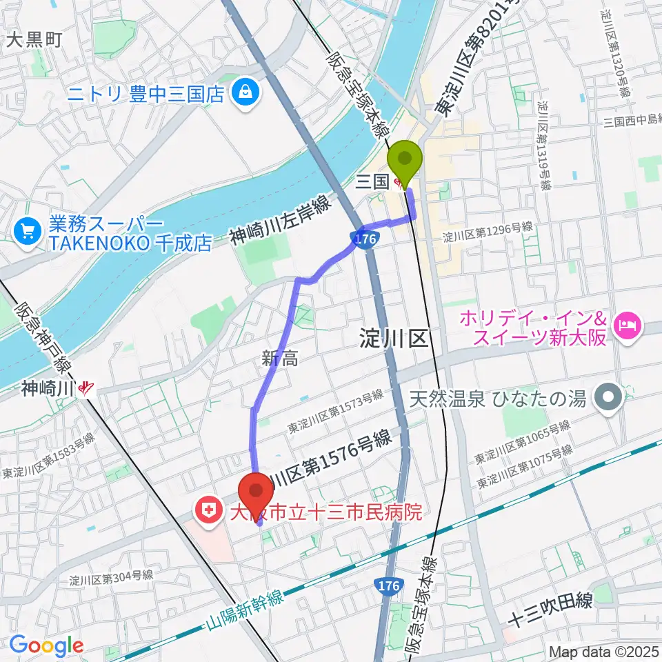 三国駅から玉田ピアノ本店ショールームへのルートマップ地図