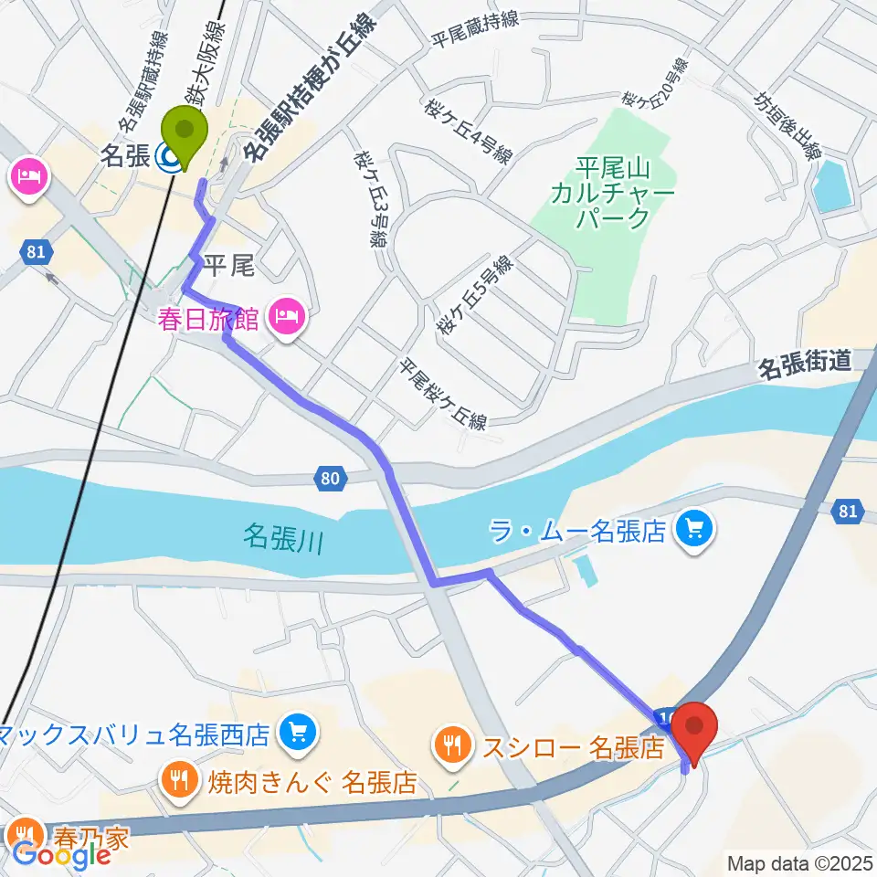 ピアノの山口の最寄駅名張駅からの徒歩ルート（約14分）地図
