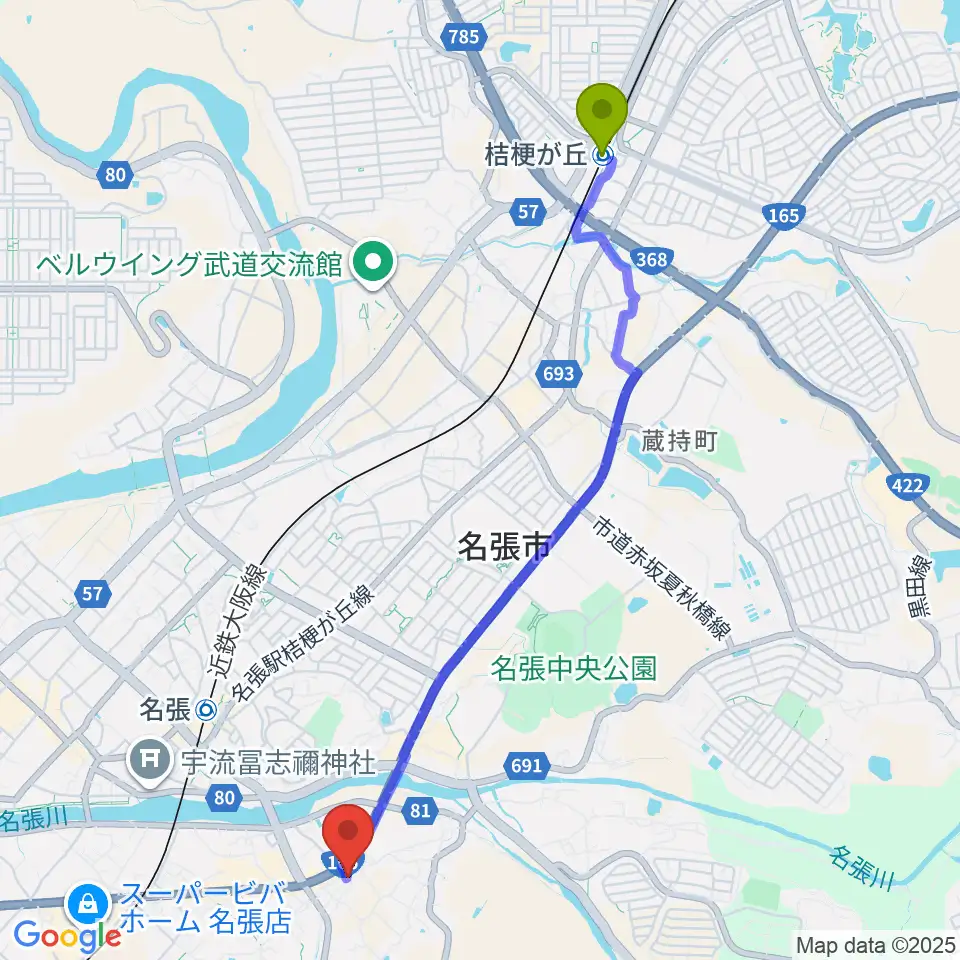 桔梗が丘駅からピアノの山口へのルートマップ地図