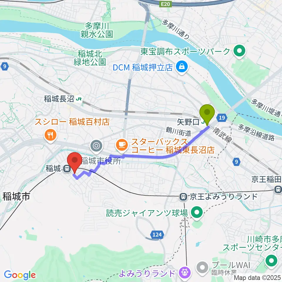 矢野口駅からタカハシミュージックプラザへのルートマップ地図