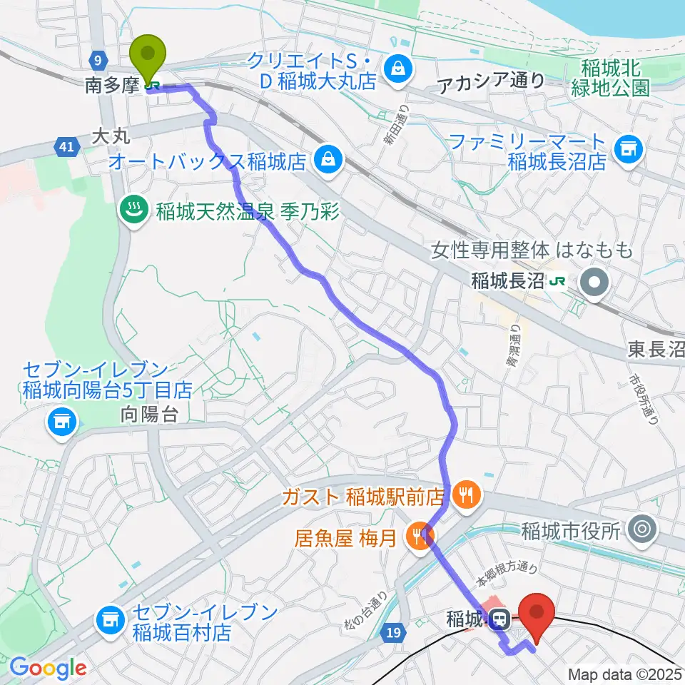 南多摩駅からタカハシミュージックプラザへのルートマップ地図