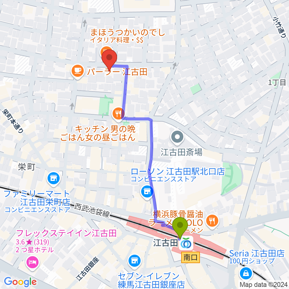 北里楽器フェルマータの最寄駅江古田駅からの徒歩ルート（約5分）地図