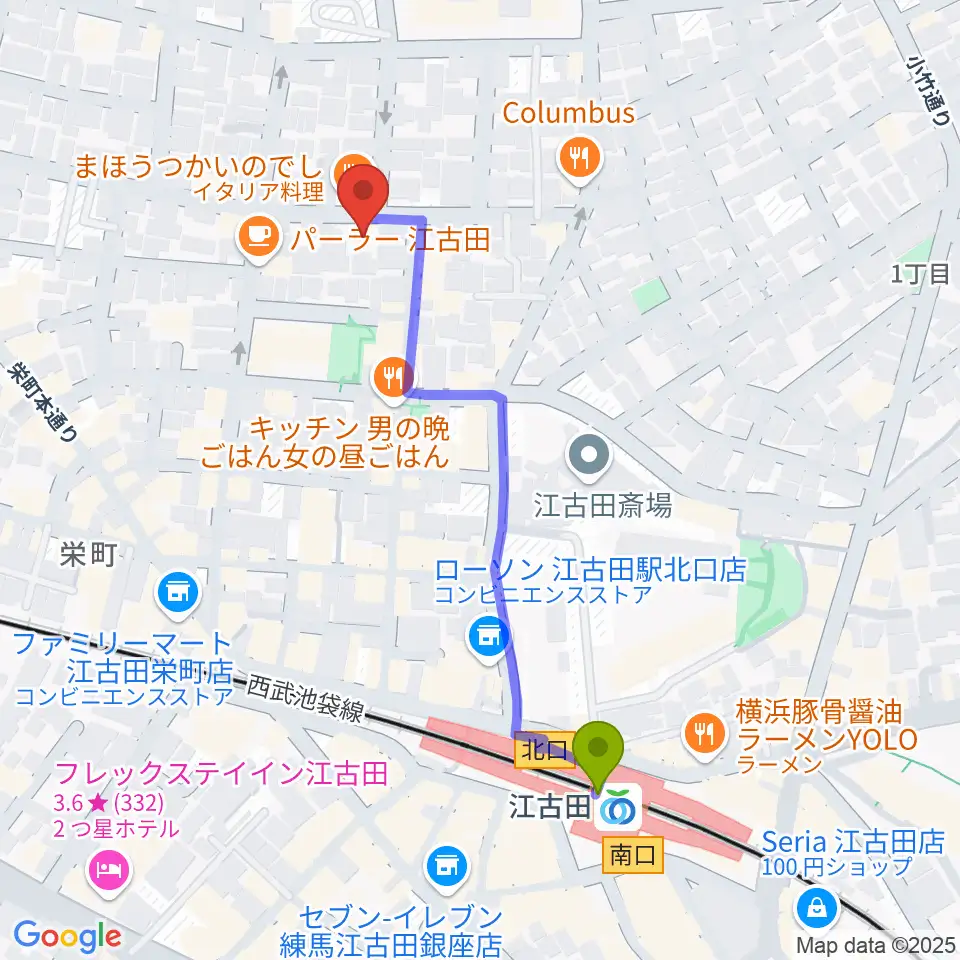 北里楽器フェルマータの最寄駅江古田駅からの徒歩ルート（約5分）地図