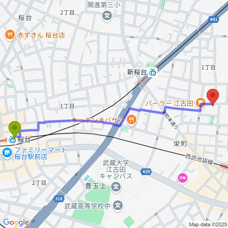 桜台駅から北里楽器フェルマータへのルートマップ地図