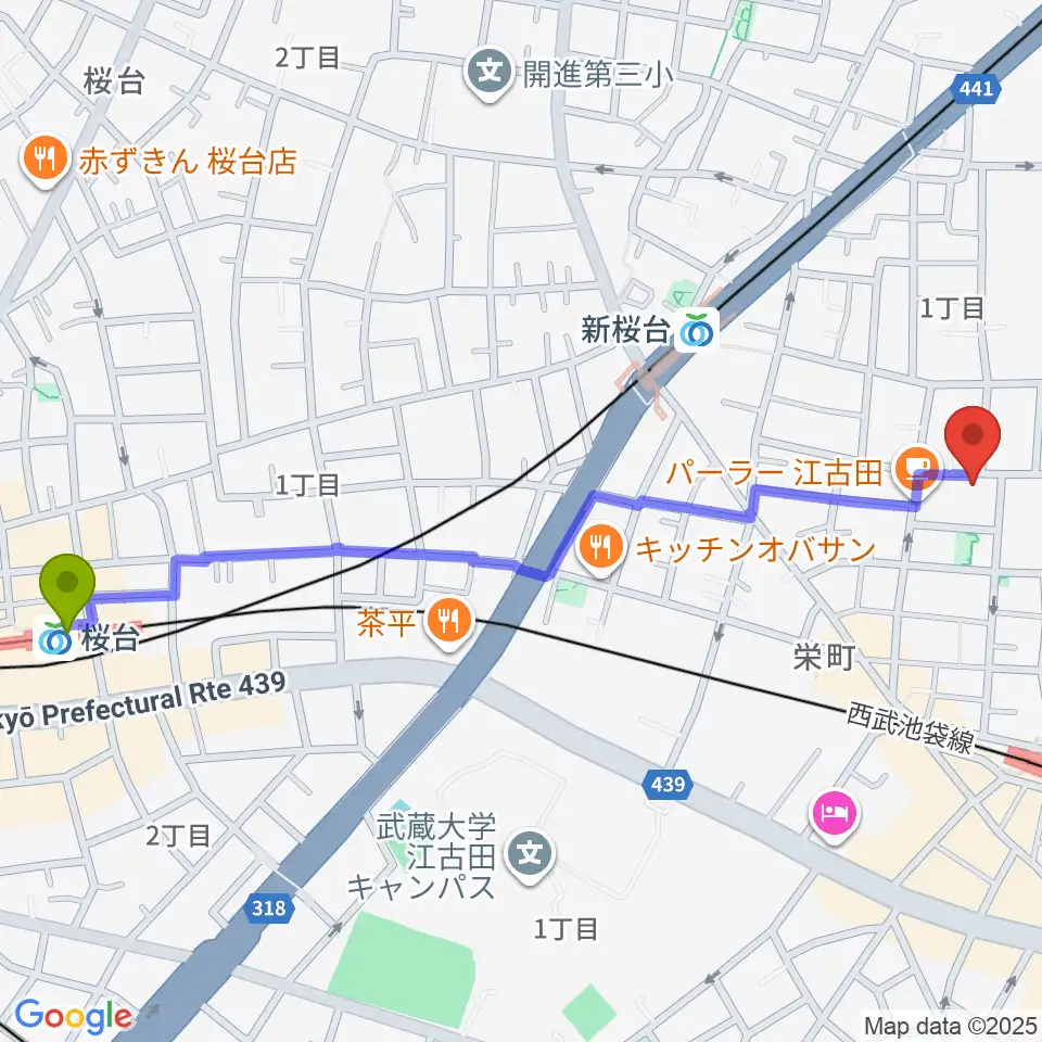 桜台駅から北里楽器フェルマータへのルートマップ地図