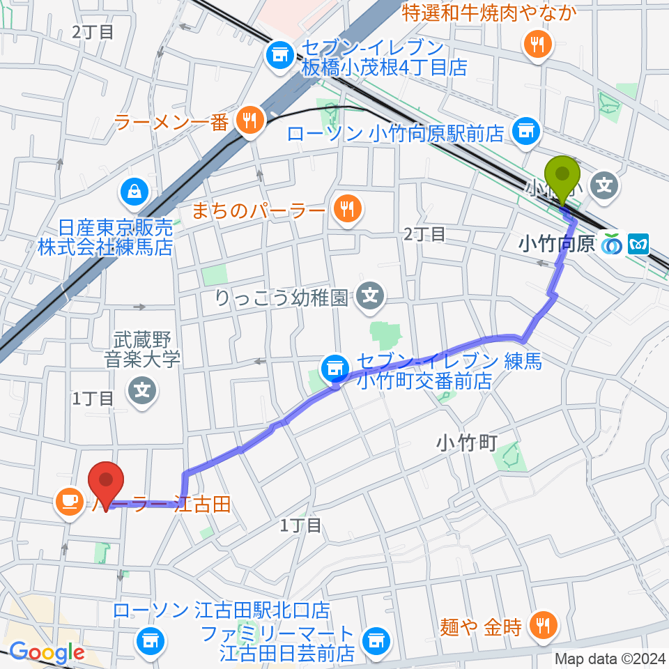 小竹向原駅から北里楽器フェルマータへのルートマップ地図