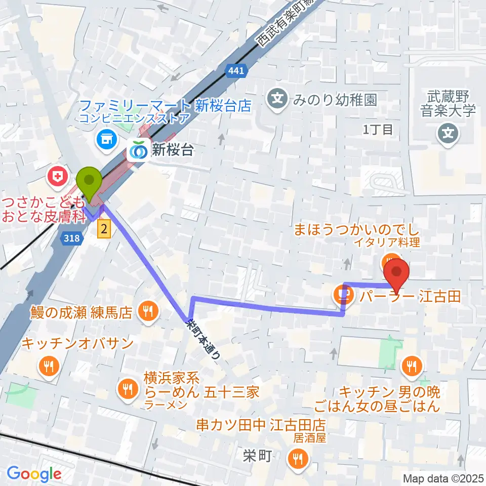 新桜台駅から北里楽器フェルマータへのルートマップ地図