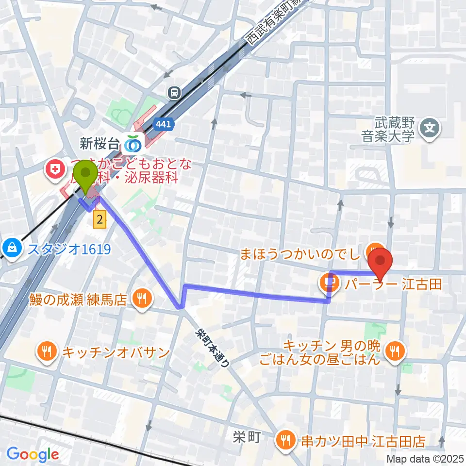 新桜台駅から北里楽器フェルマータへのルートマップ地図