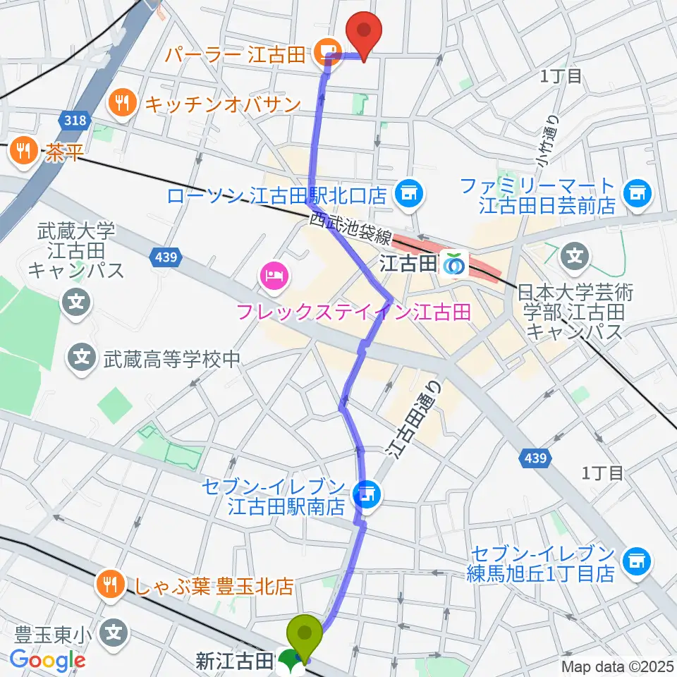 新江古田駅から北里楽器フェルマータへのルートマップ地図