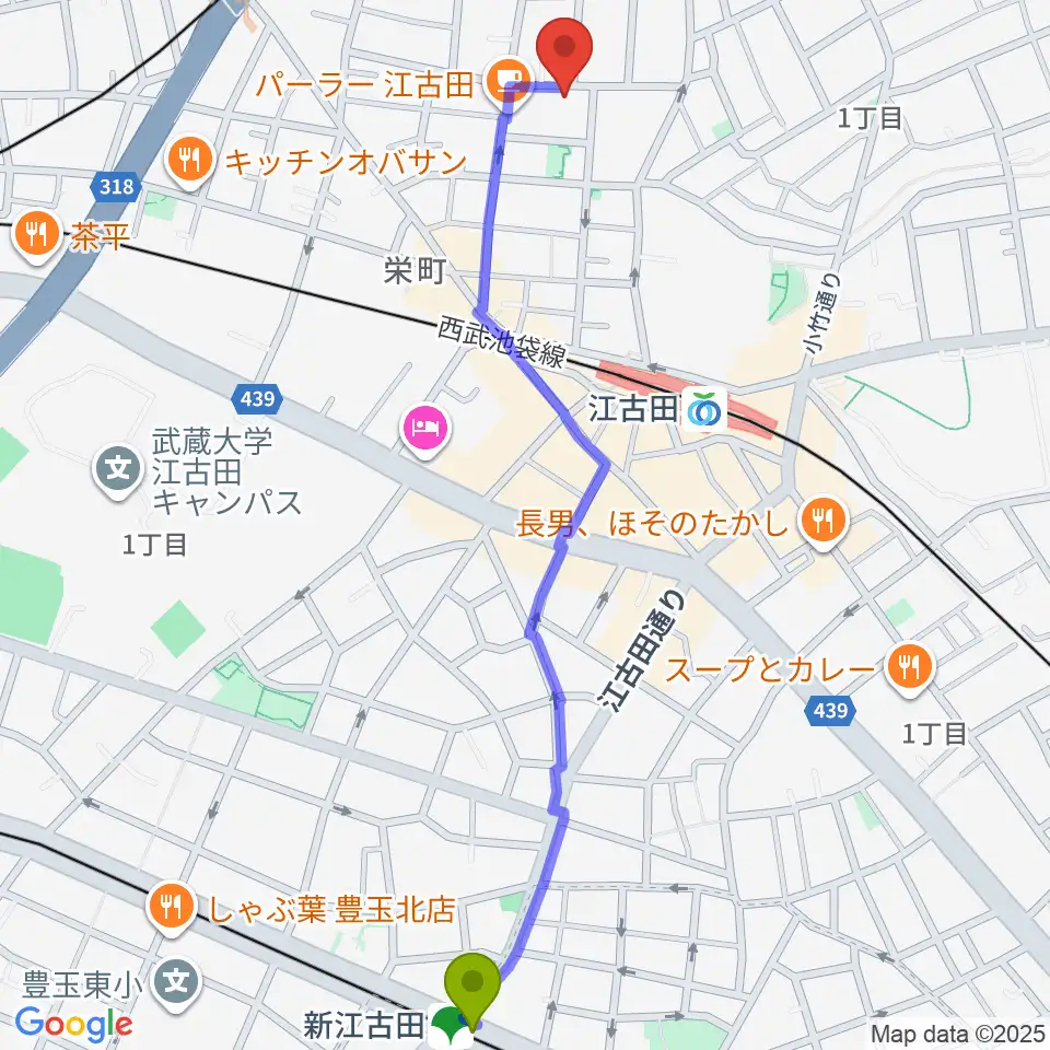 新江古田駅から北里楽器フェルマータへのルートマップ地図