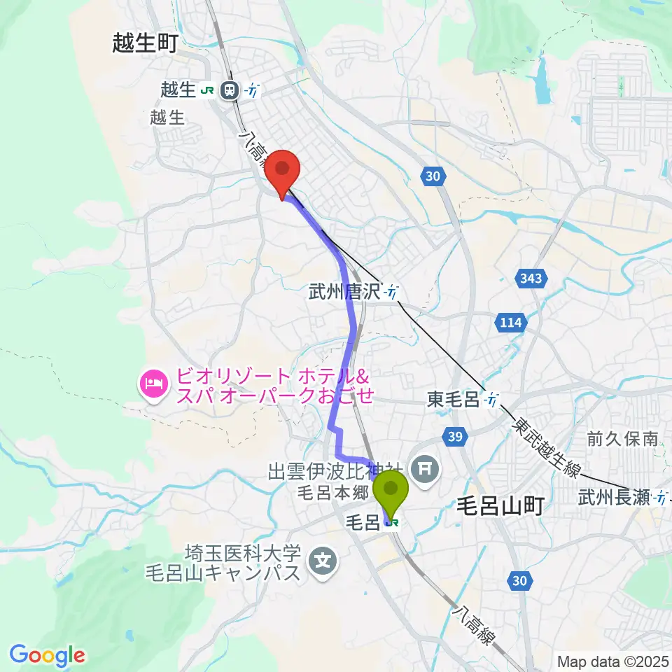 毛呂駅から昭和楽器 埼玉ピアノ流通センターへのルートマップ地図