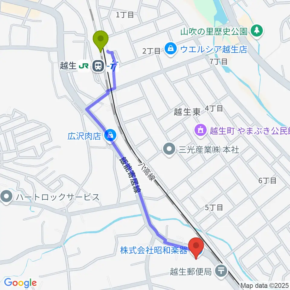 昭和楽器の最寄駅越生駅からの徒歩ルート（約12分）地図