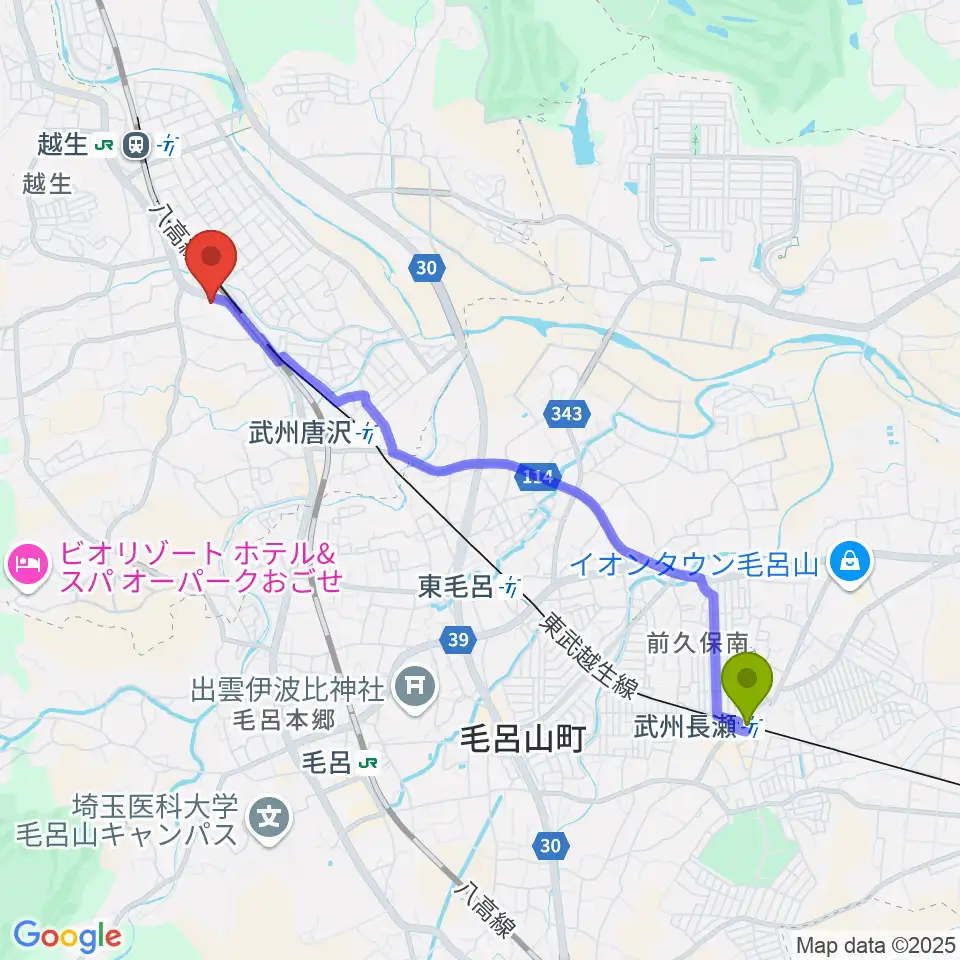 武州長瀬駅から昭和楽器 埼玉ピアノ流通センターへのルートマップ地図