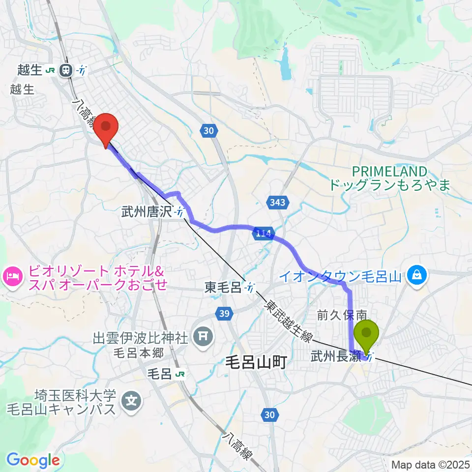 武州長瀬駅から昭和楽器へのルートマップ地図