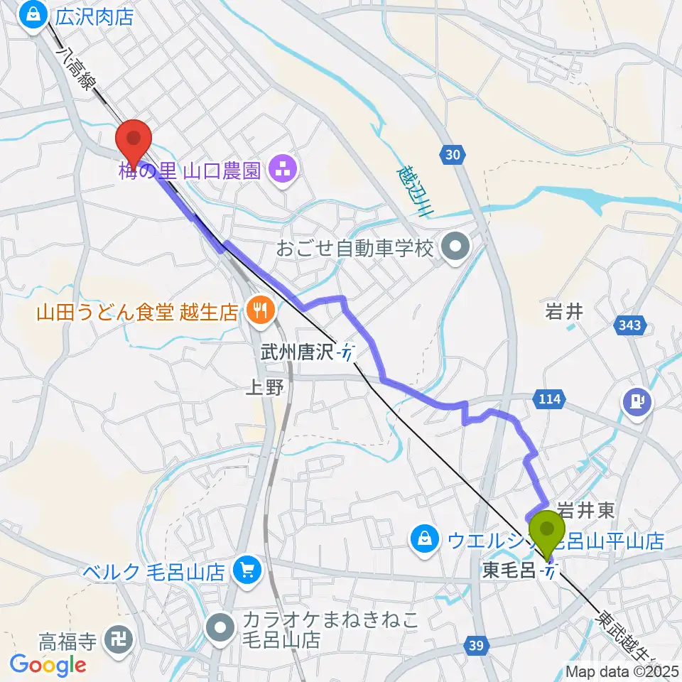 東毛呂駅から昭和楽器へのルートマップ地図