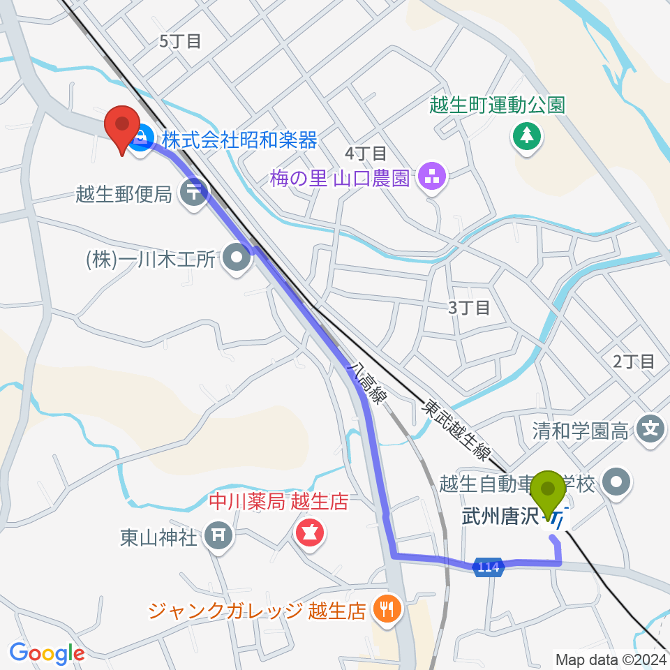 武州唐沢駅から昭和楽器 埼玉ピアノ流通センターへのルートマップ地図